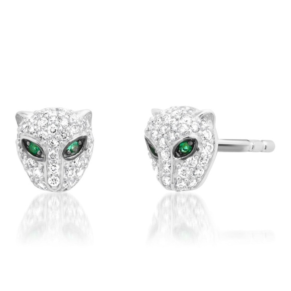 🐘🐘 14K White Gold Plated Emerald Diamond Stud Earrings - Picture 1 of 14